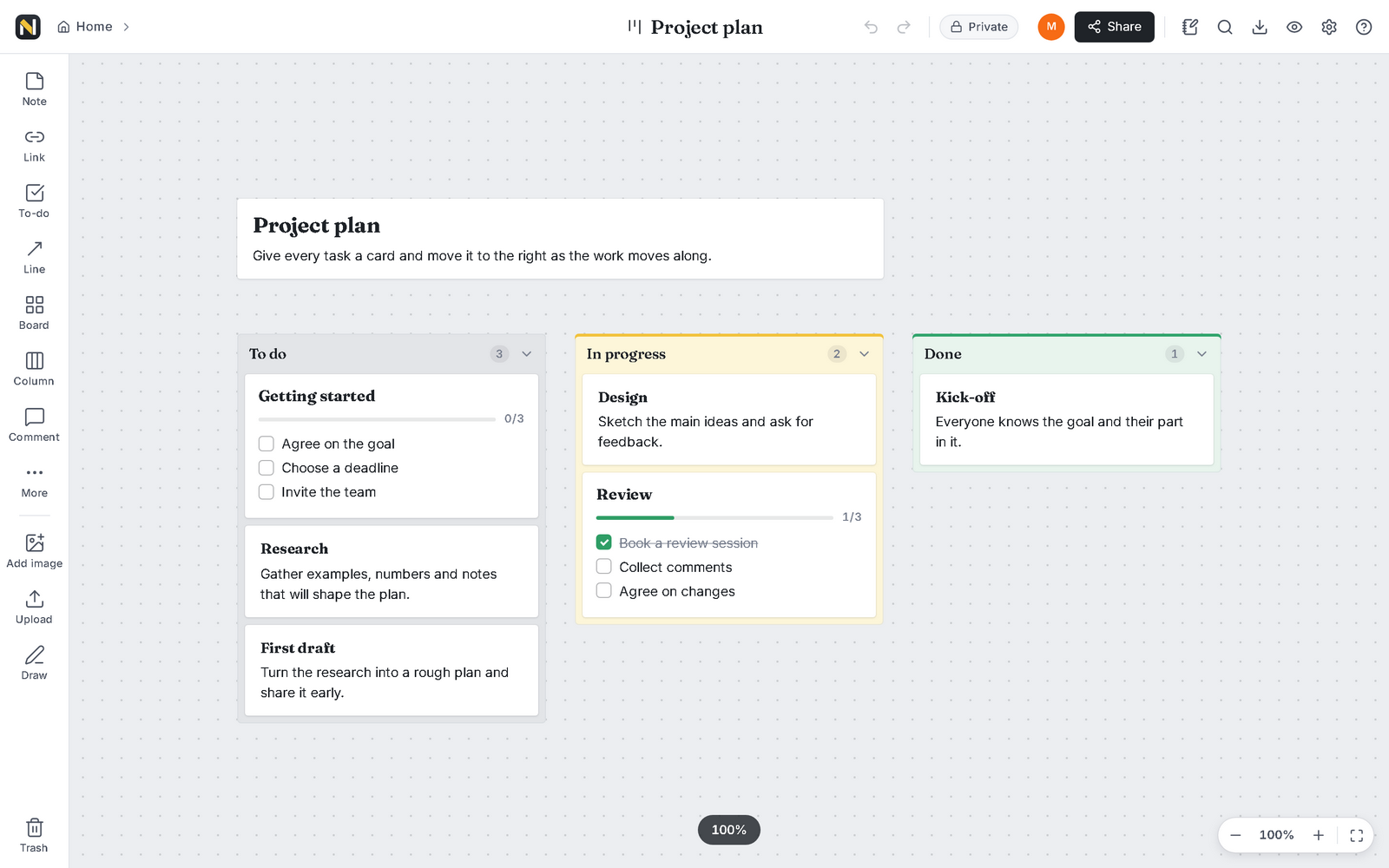 A project plan board with To do, In progress and Done columns